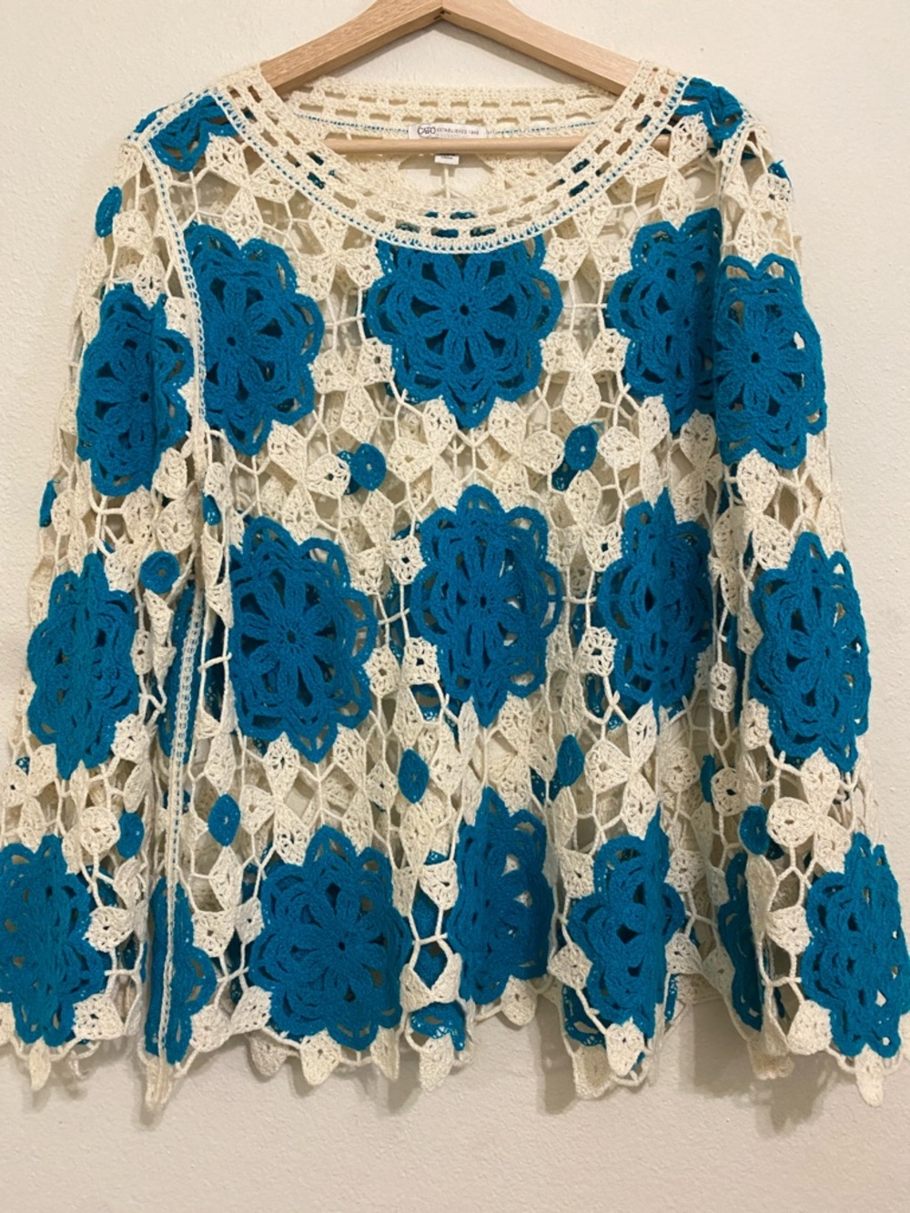 Cato Crochet Floral Overlay Sweater in Cream and Teal